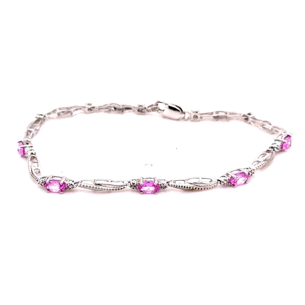 Sterling Silver 925 Pink Stone Tennis Link Bracelet 7.25 Inch 4.1g